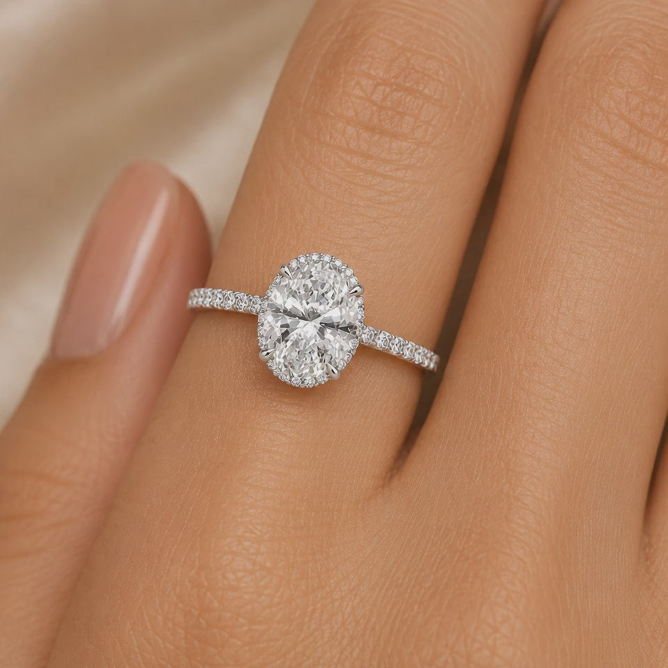 4.00 CT Oval Lab-Grown Diamond Hidden Halo Engagement Ring in 14K White Gold – Gala Pavé Halo Design