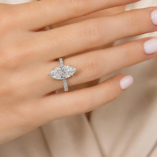 3.00 CT Vintage Marquise Lab-Grown Diamond Engagement Ring in 14K White Gold – Hand-Engraved Solitaire Design