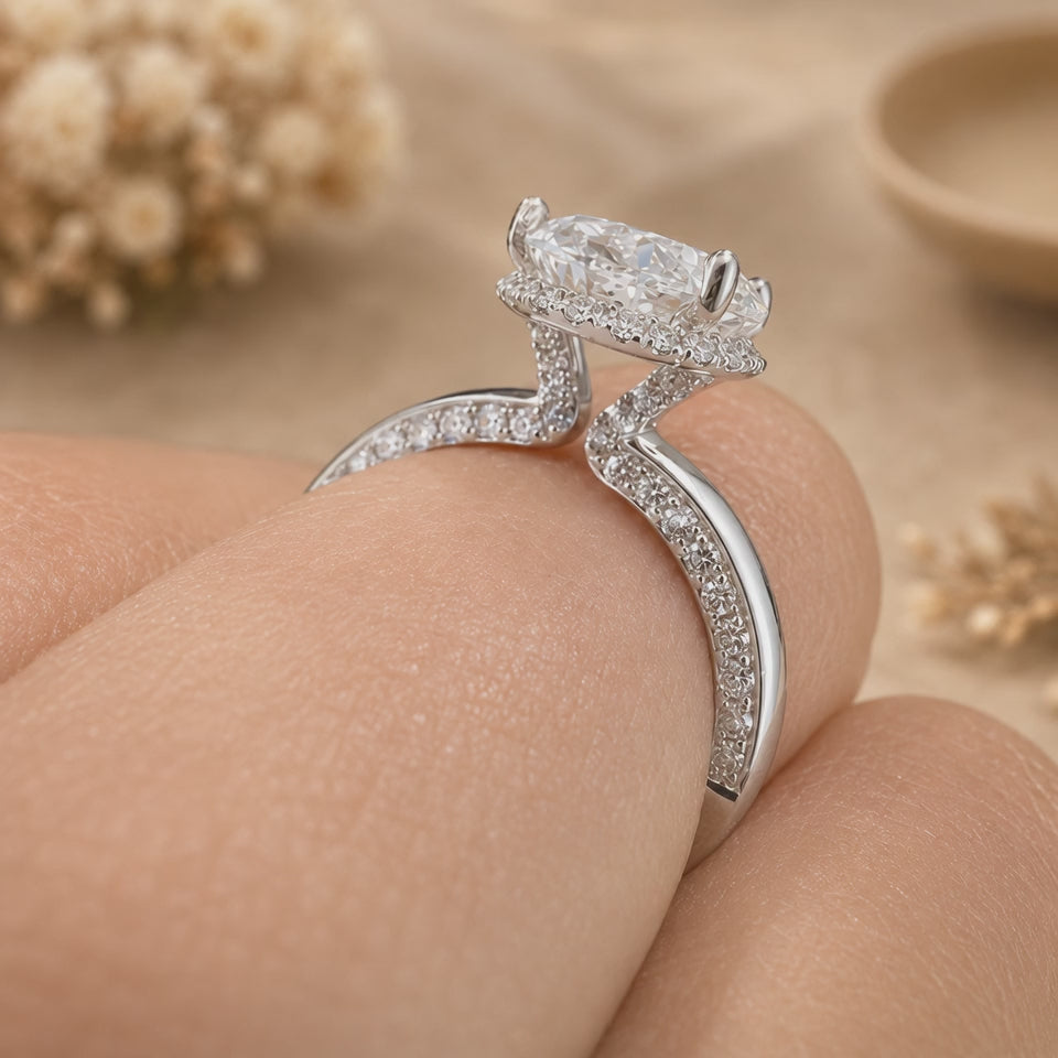 3.00 CT Oval Lab-Grown Diamond Hidden Halo Engagement Ring in 14K White Gold – Pavé Band Design | IGI Certified