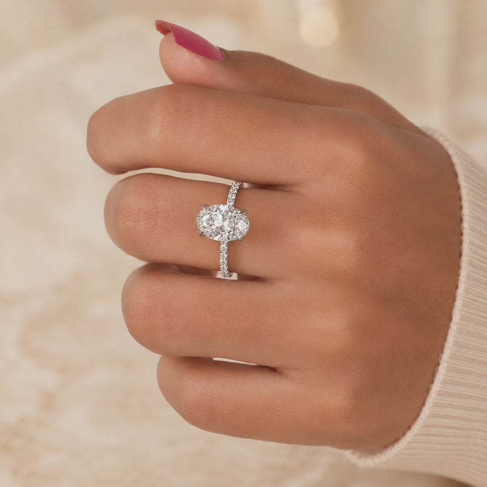 3.00 CT Oval Lab-Grown Diamond Hidden Halo Engagement Ring in 14K White Gold – IGI Certified Bridal Design
