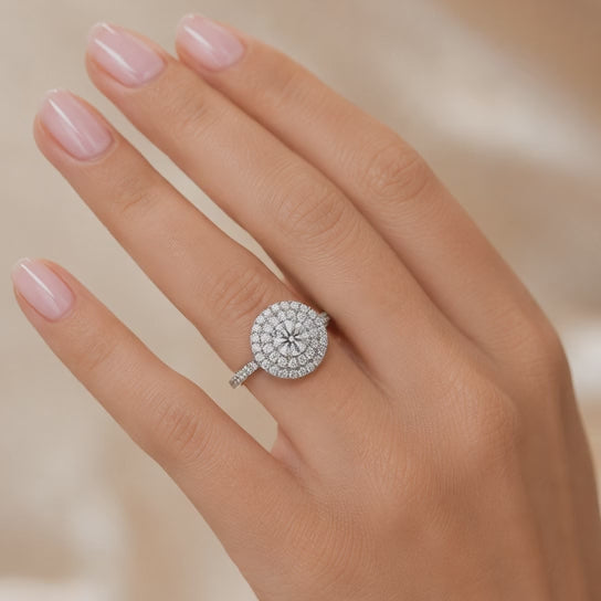 1.37 CT Round Hearts & Arrows Lab-Grown Diamond Double Halo Engagement Ring in 14K White Gold – Handmade Anniversary Design