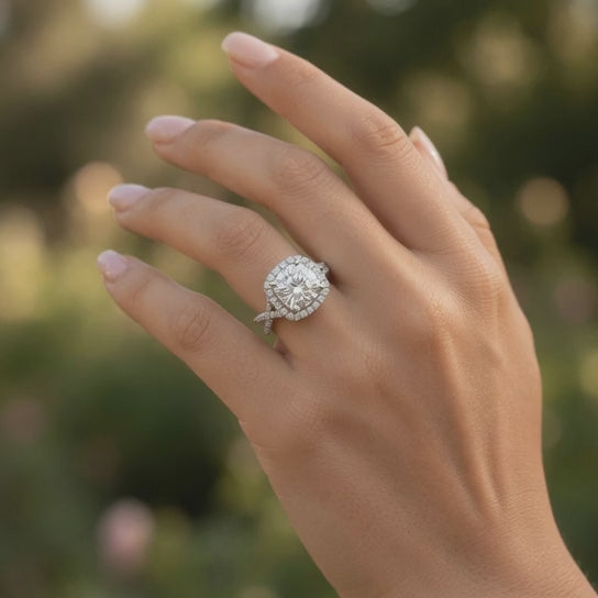 Ophelia 3.35 Carat Cushion Cut Pave Halo Split Shank Engagement Ring