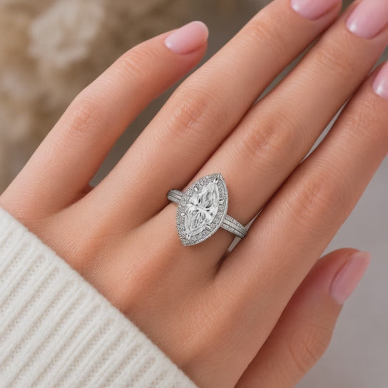 VS1 D Lab Grown Diamond Halo Pave Marquise Ring