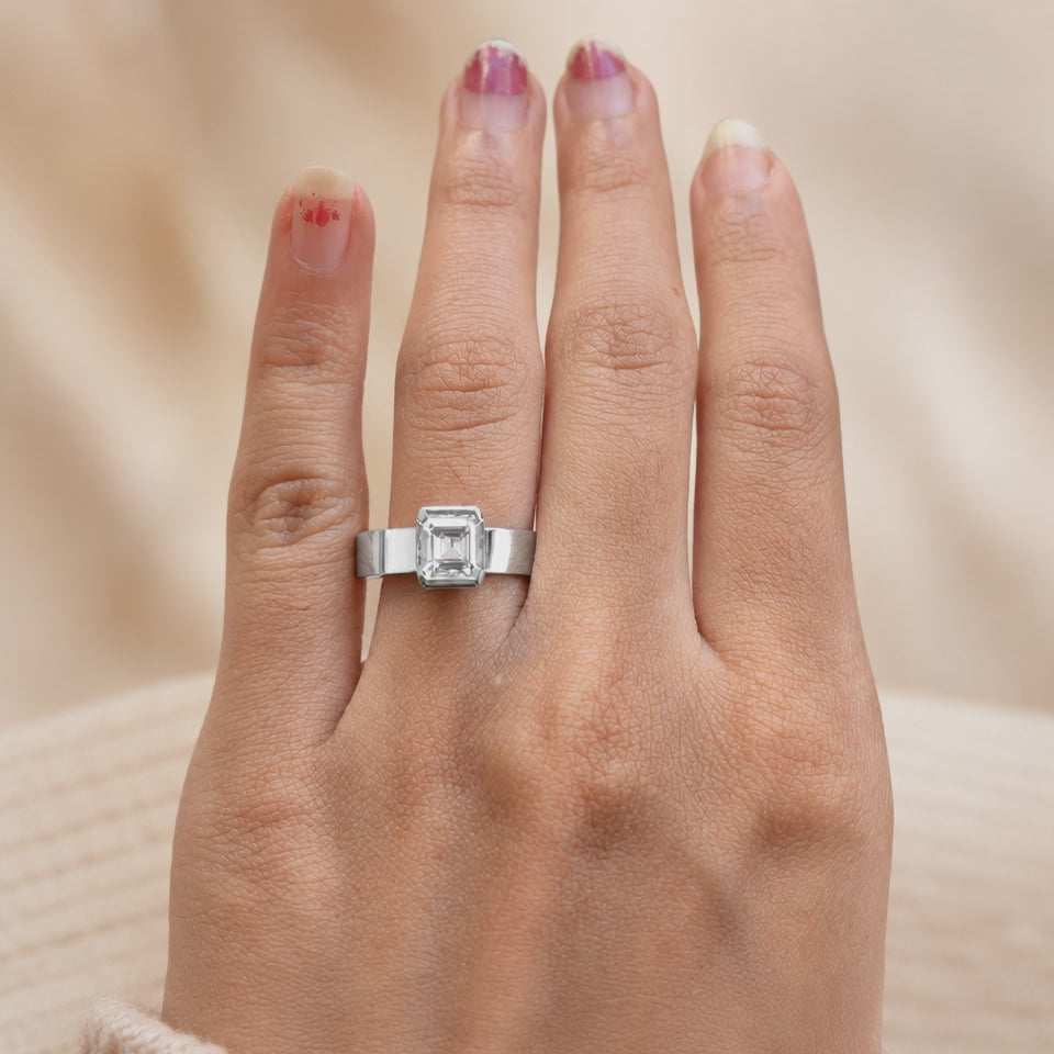 2.00 CT Asscher Cut Lab-Grown Diamond Solitaire Engagement Ring in 14K White Gold – Bezel Set Wide Band Design