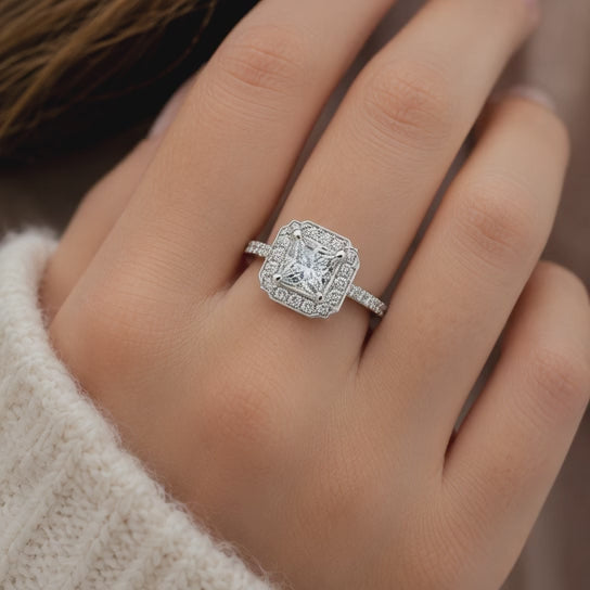 VS1 D Lab Grown Diamond Halo Pave Emerald Ring