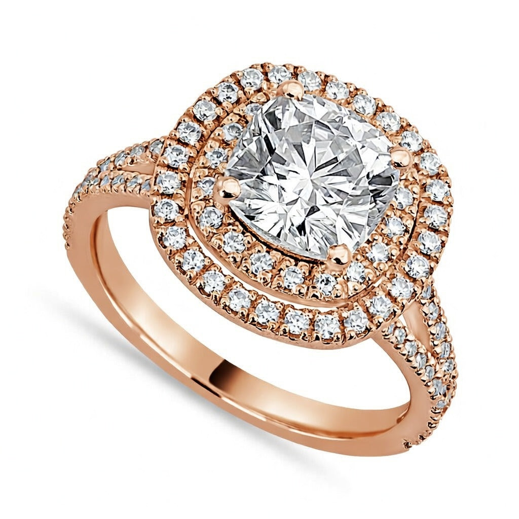 Livia 2.36 ct Lab Grown Round Cut Double Halo Pave Diamond Engagement Ring