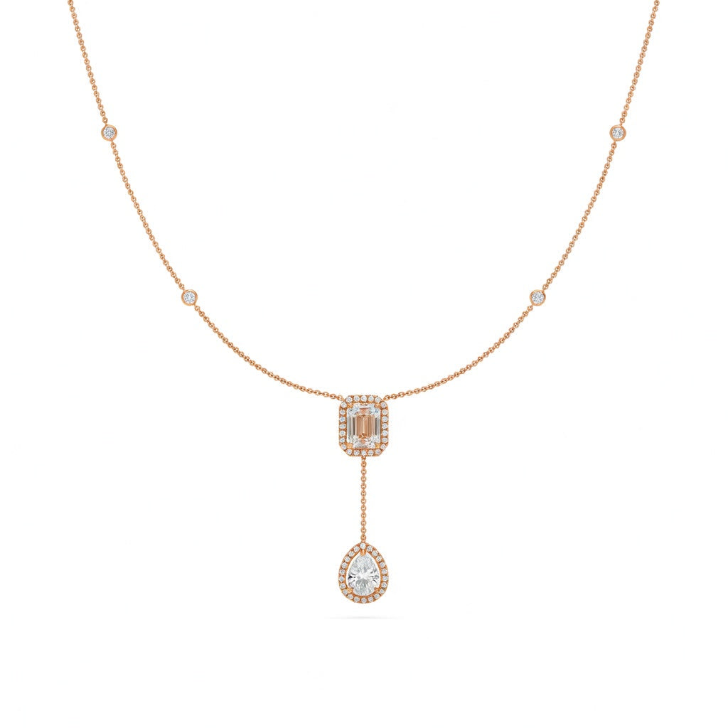 2.1 Ct Emerald Pear Round Cut Diamond Lariat Necklace VS1 D-F White Gold 14k
