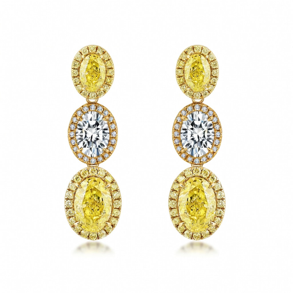 4.4 Carat Oval Cut Halo Three Stone Fancy Yellow Lab Grown Diamond Drop Earrings