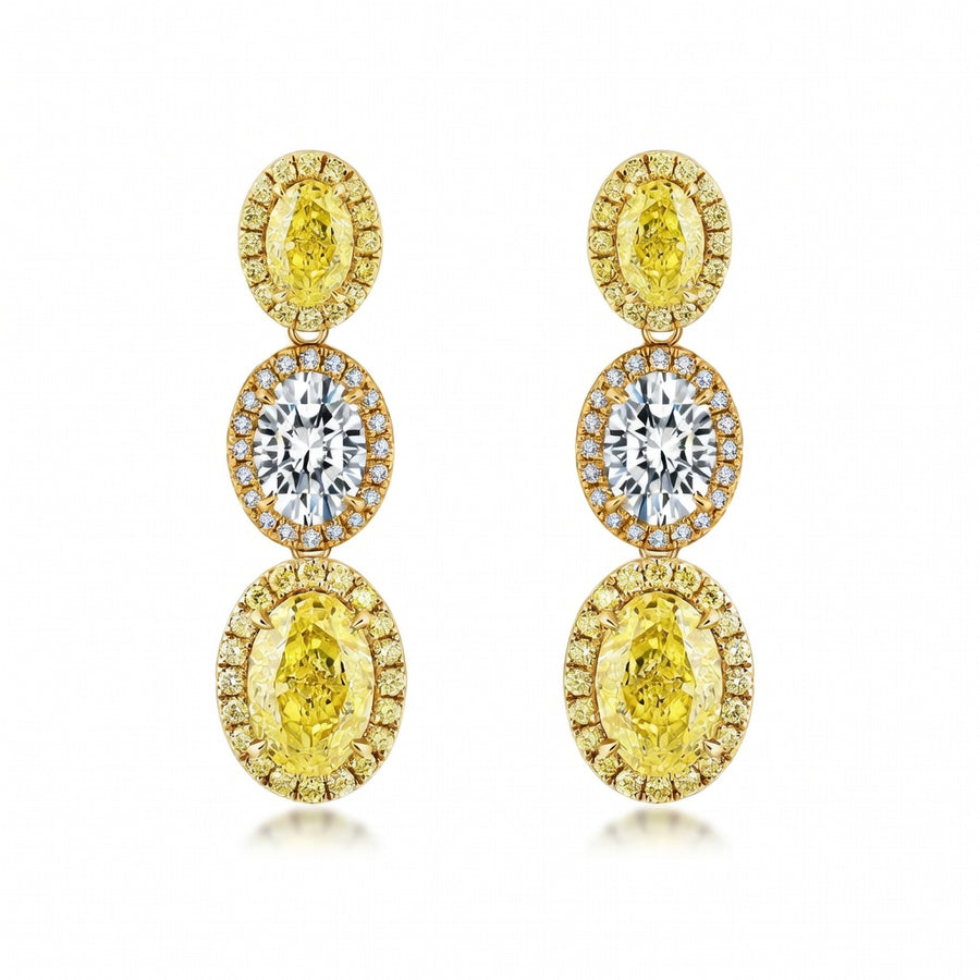 4.4 Carat Oval Cut Halo Three Stone Fancy Yellow Lab Grown Diamond Drop Earrings