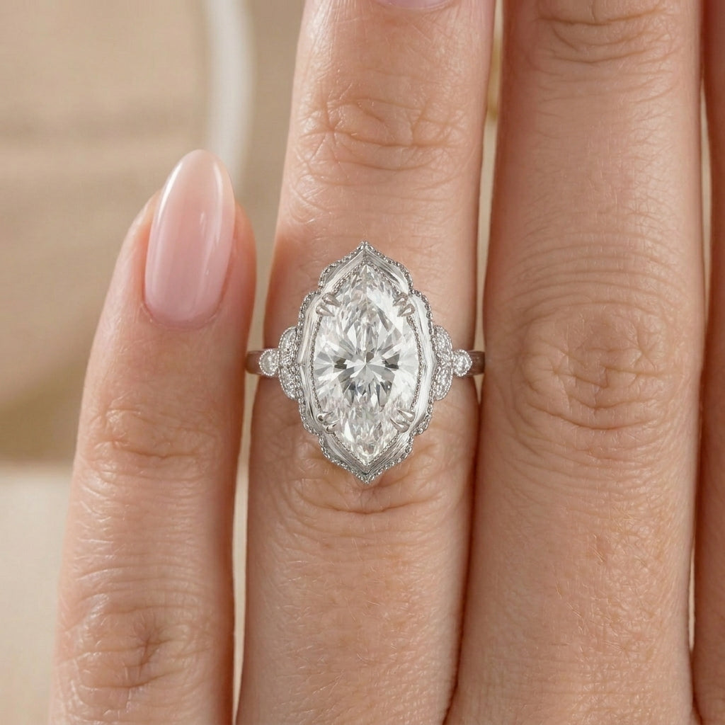 3.41 CT Vintage Marquise Cut Lab-Grown Diamond Engagement Ring in 14K White Gold – Hand-Engraved Victorian Style