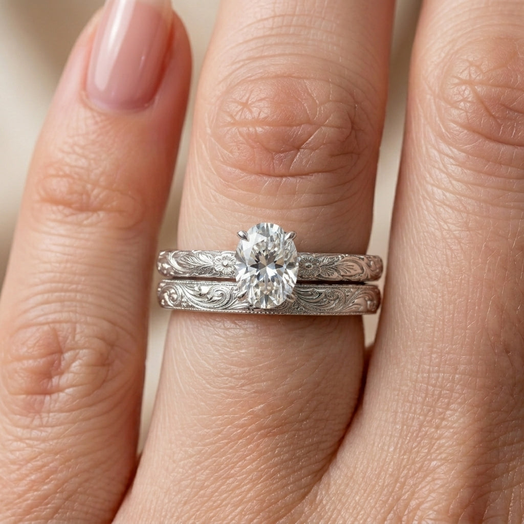 2.00 CT Vintage Oval Cut Lab-Grown Diamond Engagement Ring Set in 14K White Gold – Hand-Engraved Floral Wedding Band