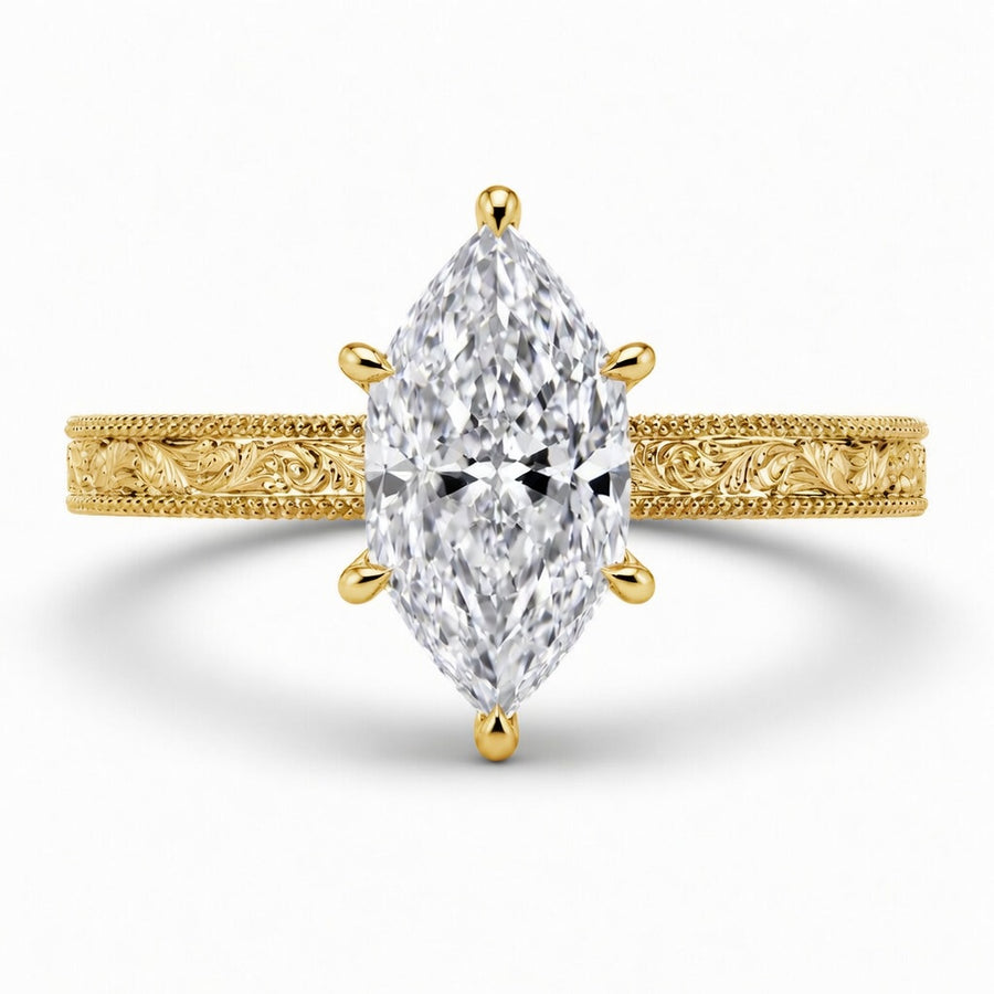 3.50 CT Dutch Marquise Cut Lab-Grown Diamond Engagement Ring in 14K White Gold – Art Deco Engraved Milgrain Floral Design