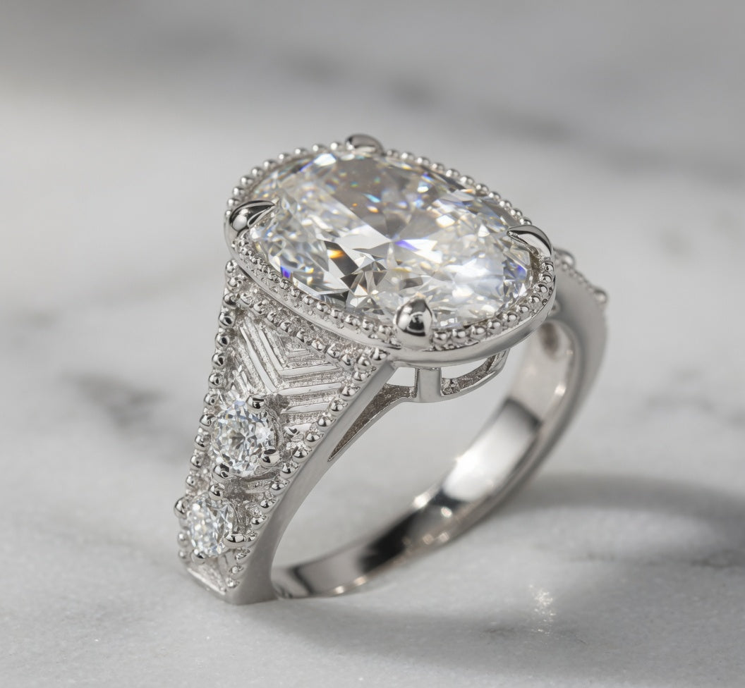 3.00 CT Art Deco Inspired Oval Cut Lab-Grown Diamond Engagement Ring in 14K White Gold – Antique Hand-Engraved Filigree Design