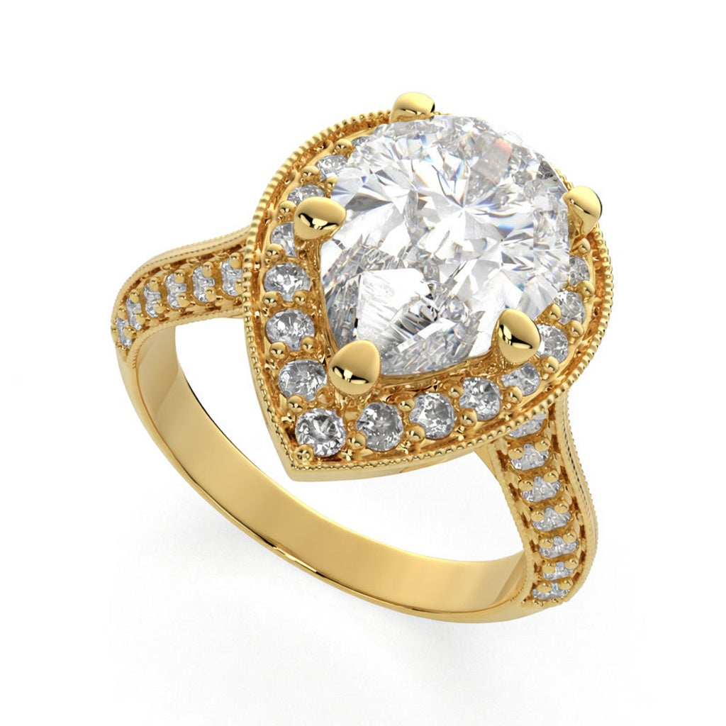 Beatrice 3.45 Carat Pear Cut Halo Pave Knife Edge Milgrain Engagement Ring