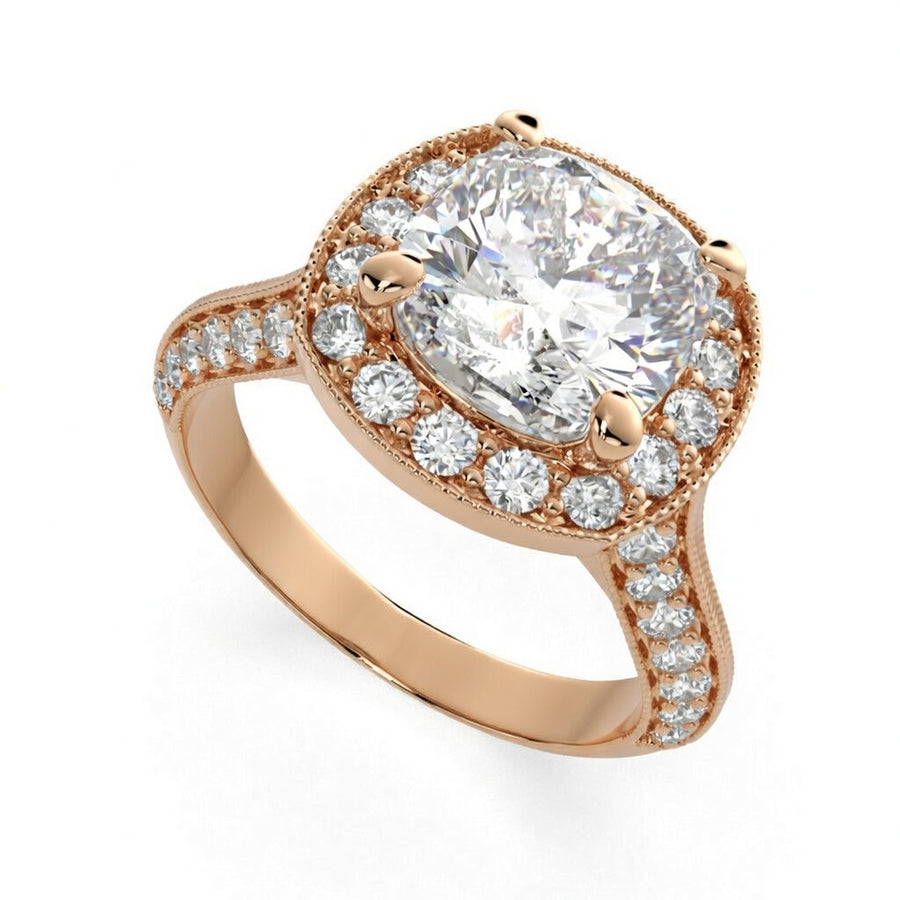 Beatrice 2.45 Carat Cushion Cut Halo Pave Knife Edge Milgrain Engagement Ring
