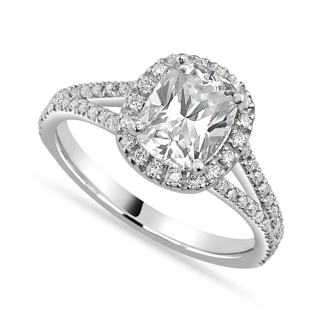 Eva 2.42 ct Lab Grown Cushion Cut Halo Split Shank Diamond Engagement Ring