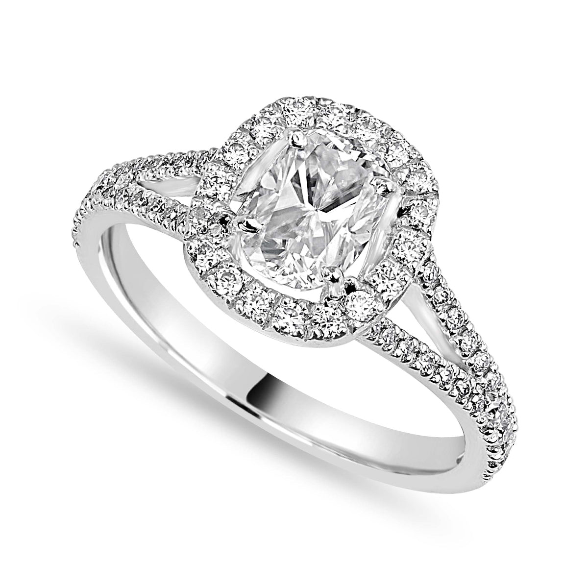 Stella 2.31 ct Lab Grown Cushion Cut Halo Split Shank Diamond Engagement Ring