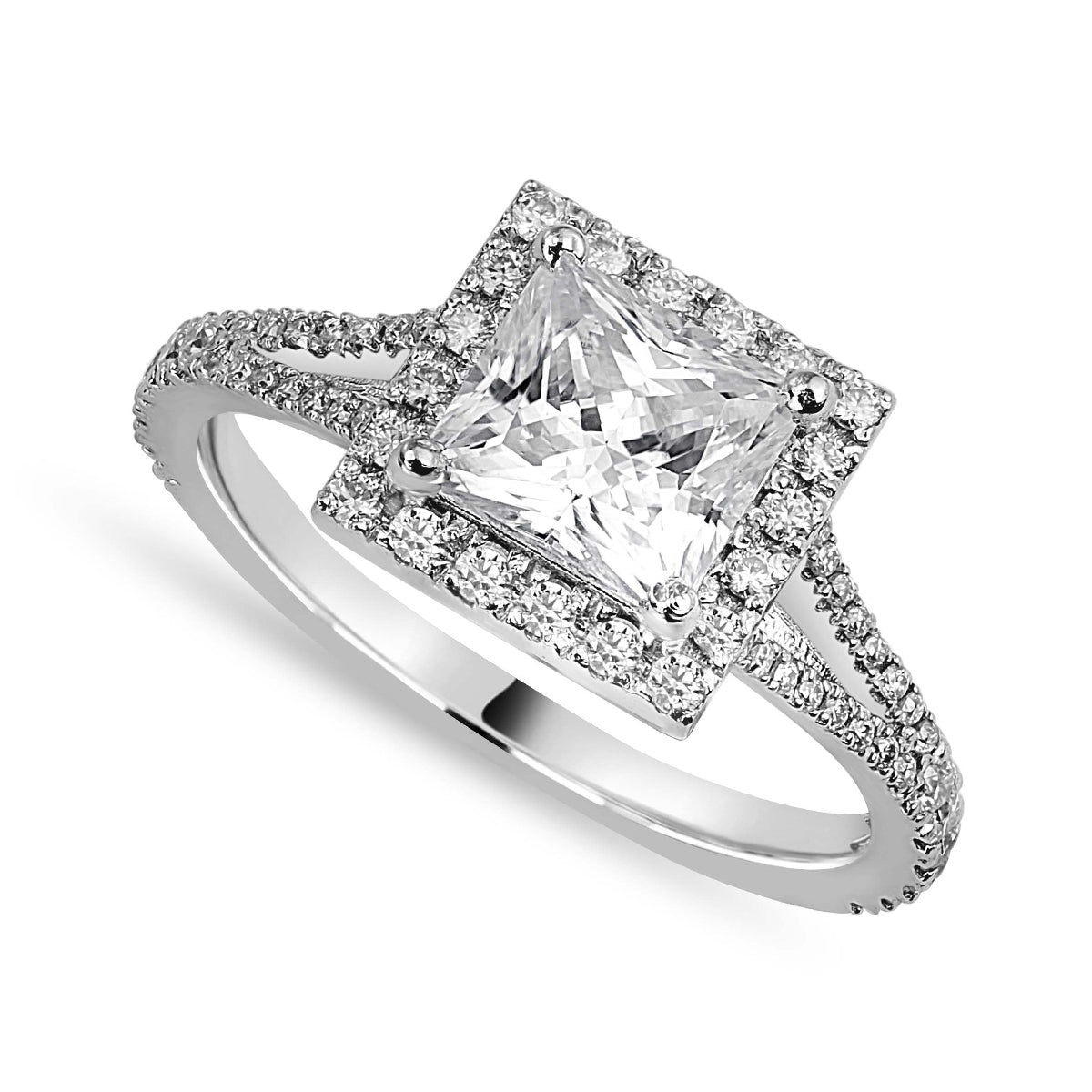 Livia 3.45 ct Lab Grown Princess Cut Split Shank Halo Diamond Engagement Ring.