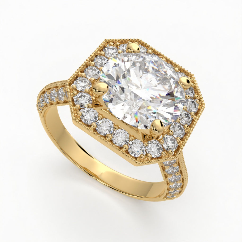 Beatrice 4.45 Carat Round Cut Halo Pave Knife Edge Milgrain Engagement Ring