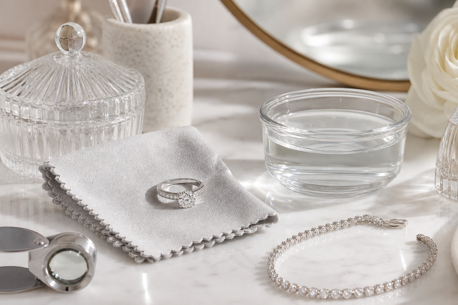Diamond ring with jewelry care cloth and refined care items