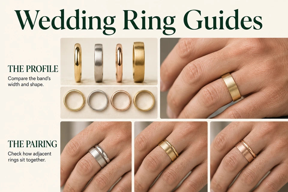 Wedding Ring Guides: Compare the band’s width and shape. Check how adjacent rings sit together.
