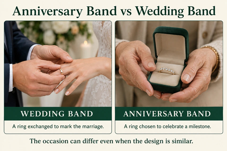 Anniversary Band vs Wedding Band: A ring exchanged to mark the marriage. A ring chosen to celebrate a milestone.