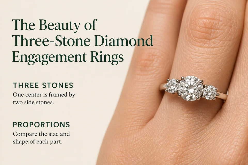 The Beauty of Three-Stone Diamond Engagement Rings: One center is framed by two side stones. Compare the size and shape of each part.