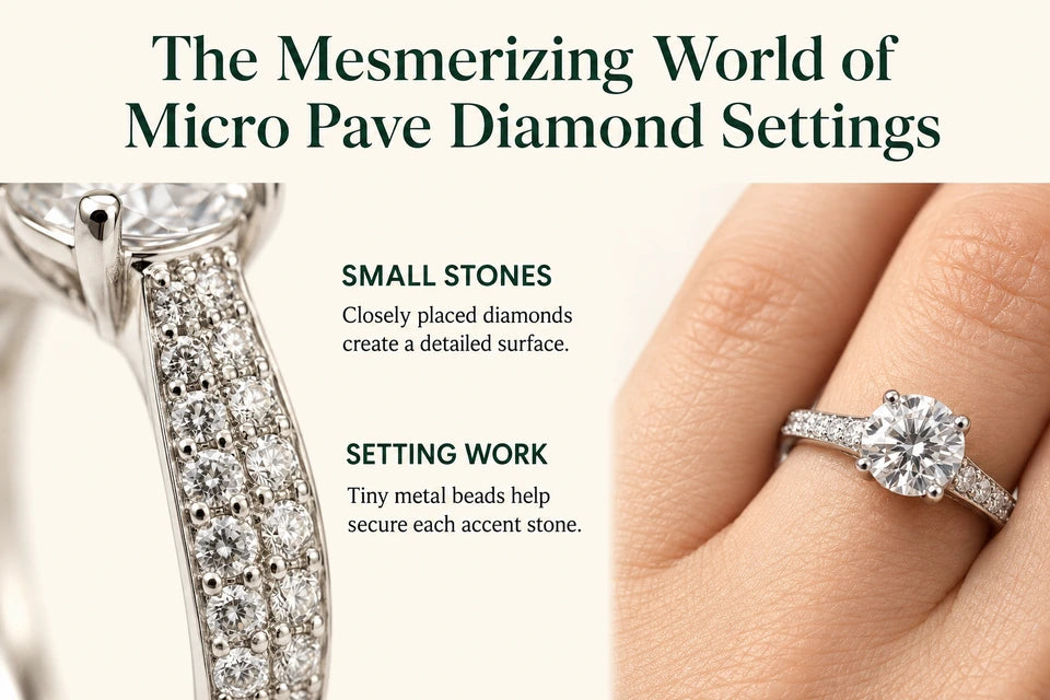 The Mesmerizing World of Micro Pave Diamond Settings: Closely placed diamonds create a detailed surface. Tiny metal beads help secure each accent stone.