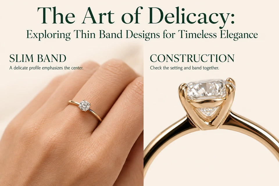 The Art of Delicacy: Exploring Thin Band Designs for Timeless Elegance: A delicate profile emphasizes the center. Check the setting and band together.