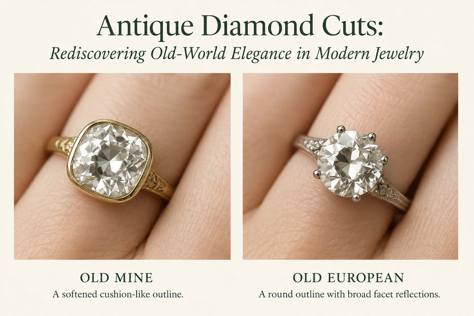 Antique Diamond Cuts: Rediscovering Old-World Elegance in Modern Jewelry: A softened cushion-like outline. A round outline with broad facet reflections.