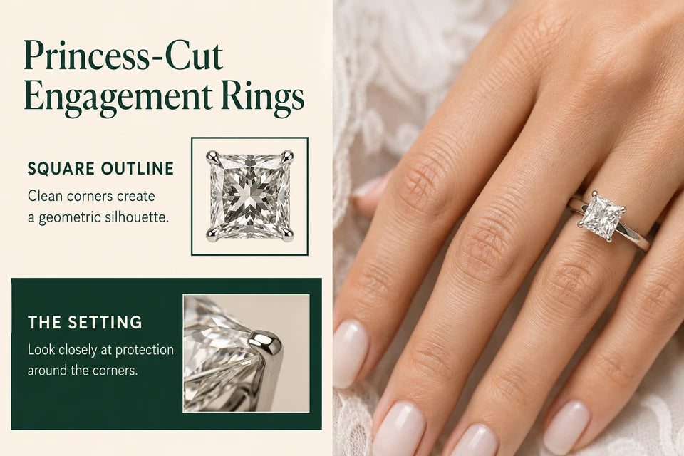 Are Princess Cut Diamond Engagement Rings for Women the Best Choice for a Modern Bride?: Clean corners create a geometric silhouette. Look closely at protection around the corners.