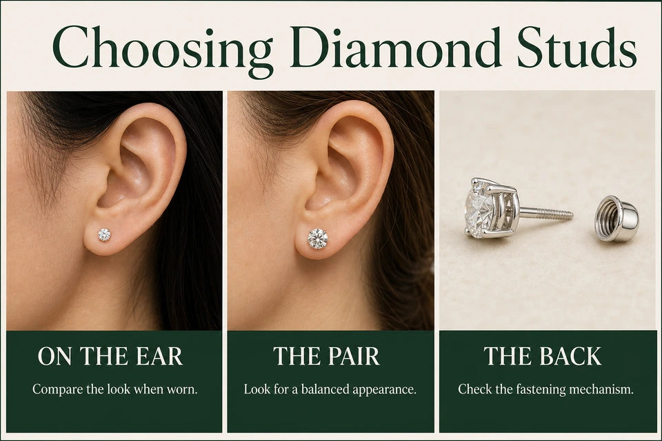 How to Choose Lab-Grown Diamond Stud Earrings: Compare the look when worn. Look for a balanced appearance.
