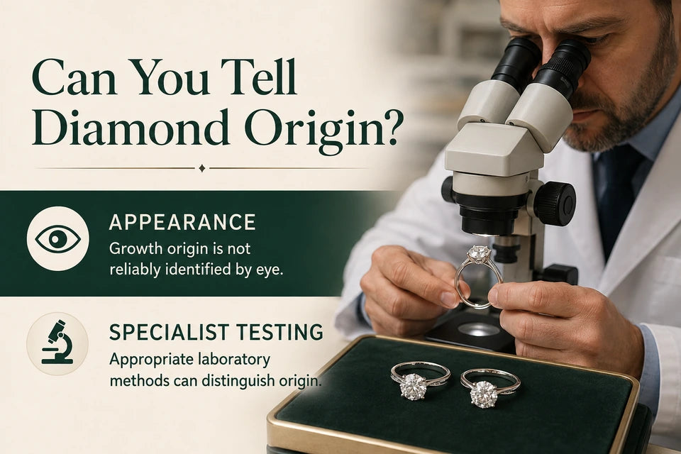Can a Jeweler Tell the Difference Between Lab-grown and Natural Diamonds? What Shoppers Should Know: Growth origin is not reliably identified by eye. Appropriate laboratory methods can distinguish origin.