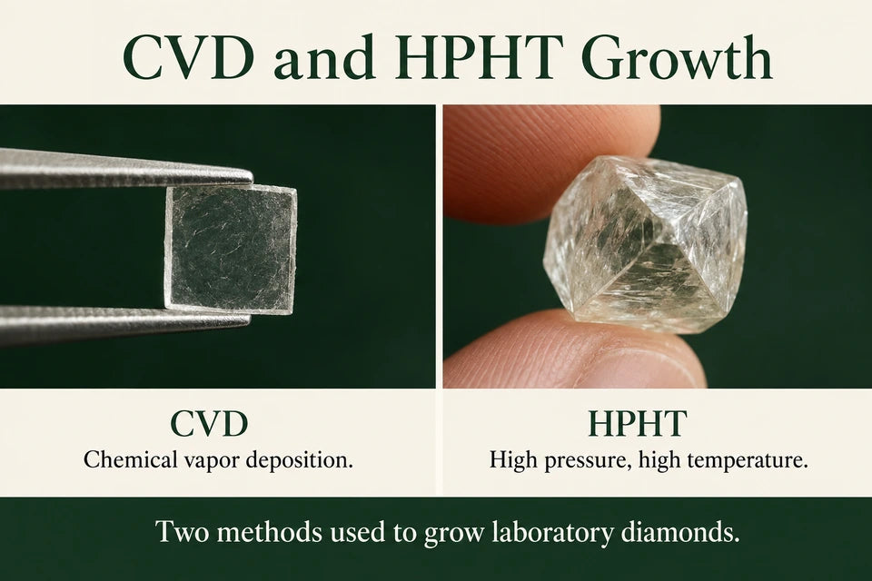 CVD Vs. HPHT - Understanding the Two Primary Methods of Growing Diamonds - A Jeweler’s Comparison: Chemical vapor deposition. High pressure, high temperature.