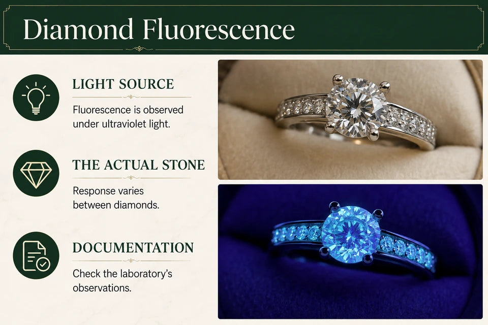 Fluorescence in Lab-grown Diamonds - How It Differs from Natural Stones Guide for Lab-grown Jewelry Buyers: Fluorescence is observed under ultraviolet light. Response varies between diamonds.