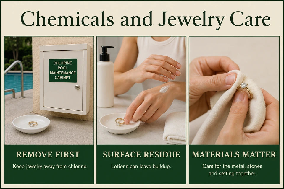 How Chemicals Hand Sanitizer, Lotion, Chlorine Affect Your Diamond Jewelry: Keep jewelry away from chlorine. Lotions can leave buildup.