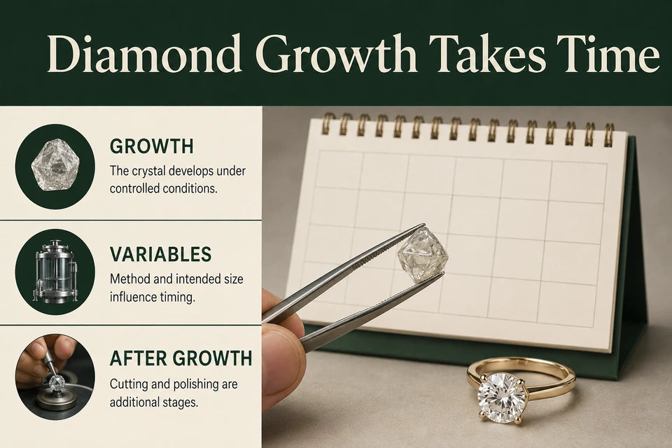 How Long Does It Take to Grow a Diamond in a Lab?: The crystal develops under controlled conditions. Method and intended size influence timing.