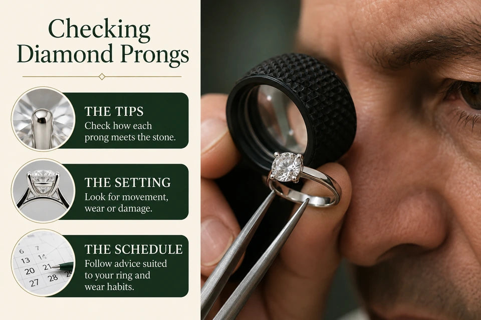How Often Should You Have Your Lab-grown Diamond Prongs Inspected by a Jeweler?: Check how each prong meets the stone. Look for movement, wear or damage.