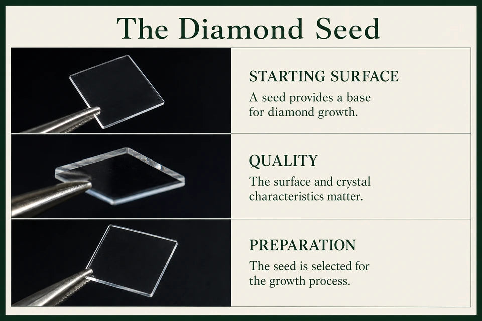 How Seed Diamonds Are Selected to Start the Growth Process: A seed provides a base for diamond growth. The surface and crystal characteristics matter.
