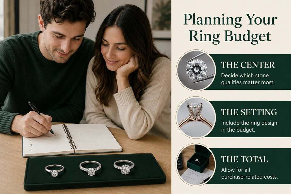 How to Budget for a Lab-grown Diamond Engagement Ring: Decide which stone qualities matter most. Include the ring design in the budget.