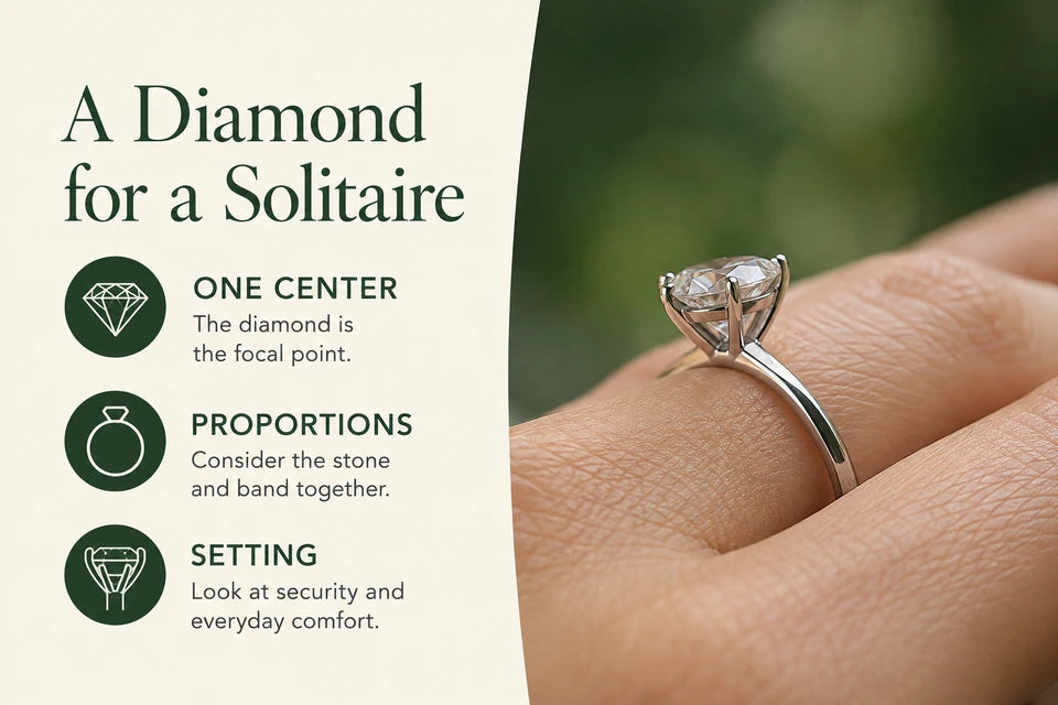 How to Choose the Perfect Lab-grown Diamond for a Solitaire Setting: The diamond is the focal point. Consider the stone and band together.