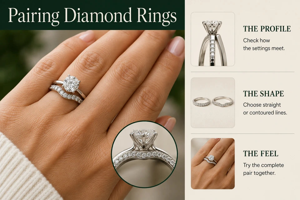 How to Match a Lab-grown Diamond Wedding Band with an Engagement Ring: Check how the settings meet. Choose straight or contoured lines.