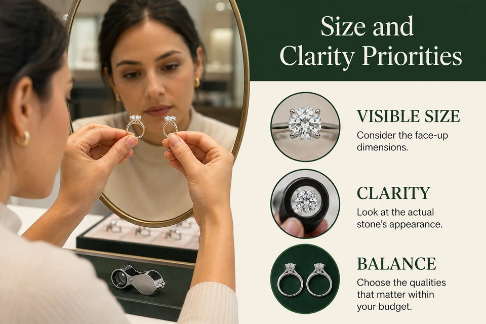 How to Maximize Your Budget - Getting a Massive Lab-grown Diamond Without Sacrificing Clarity: Consider the face-up dimensions. Look at the actual stone’s appearance.