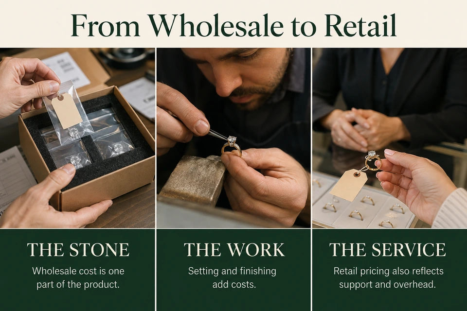 How Wholesale Lab-grown Diamond Pricing Affects Retail Consumers: Wholesale cost is one part of the product. Setting and finishing add costs.