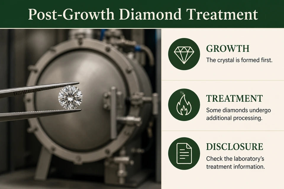 Post-growth Treatments in CVD Diamonds - What Is HPHT Annealing? Guide for Lab-grown Jewelry Buyers: The crystal is formed first. Some diamonds undergo additional processing.