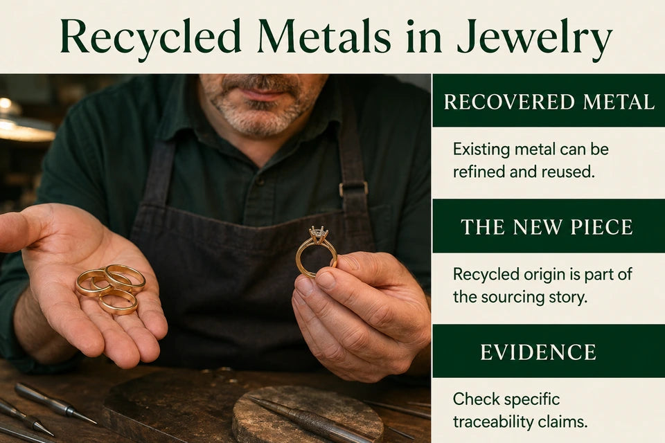 Recycled Metals Paired with Lab-grown Diamonds - The Ultimate Sustainable Jewelry Piece Guide for Lab-grown Jewelry Buyers: Existing metal can be refined and reused. Recycled origin is part of the sourcing story.