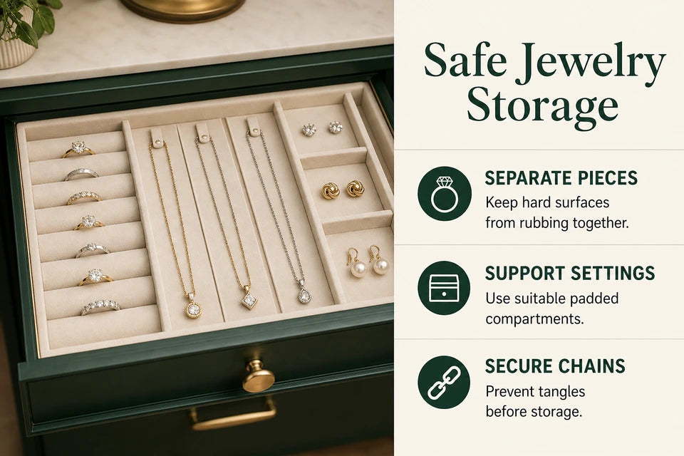 The Best Way to Store Fine Lab-grown Jewelry to Prevent Scratches Guide for Lab-grown Jewelry Buyers: Keep hard surfaces from rubbing together. Use suitable padded compartments.