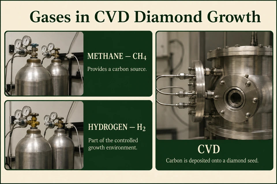 The Role of Methane and Hydrogen Gases in Growing CVD Diamonds Guide for Lab-grown Jewelry Buyers: Provides a carbon source. Part of the controlled growth environment.