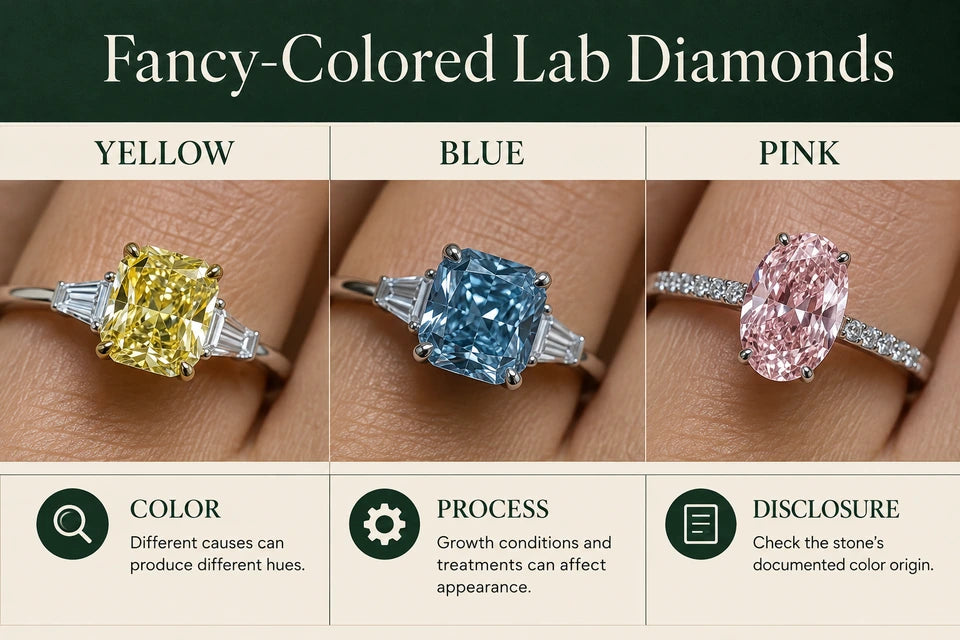 The Science of Fancy Colored Lab-grown Diamonds - How Yellow, Blue, and Pink Are Made Guide for Lab-grown Jewelry Buyers: Different causes can produce different hues. Growth conditions and treatments can affect appearance.