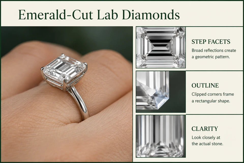 The Ultimate Guide to Lab-grown Emerald Cut Engagement Rings Guide for Lab-grown Jewelry Buyers: Broad reflections create a geometric pattern. Clipped corners frame a rectangular shape.